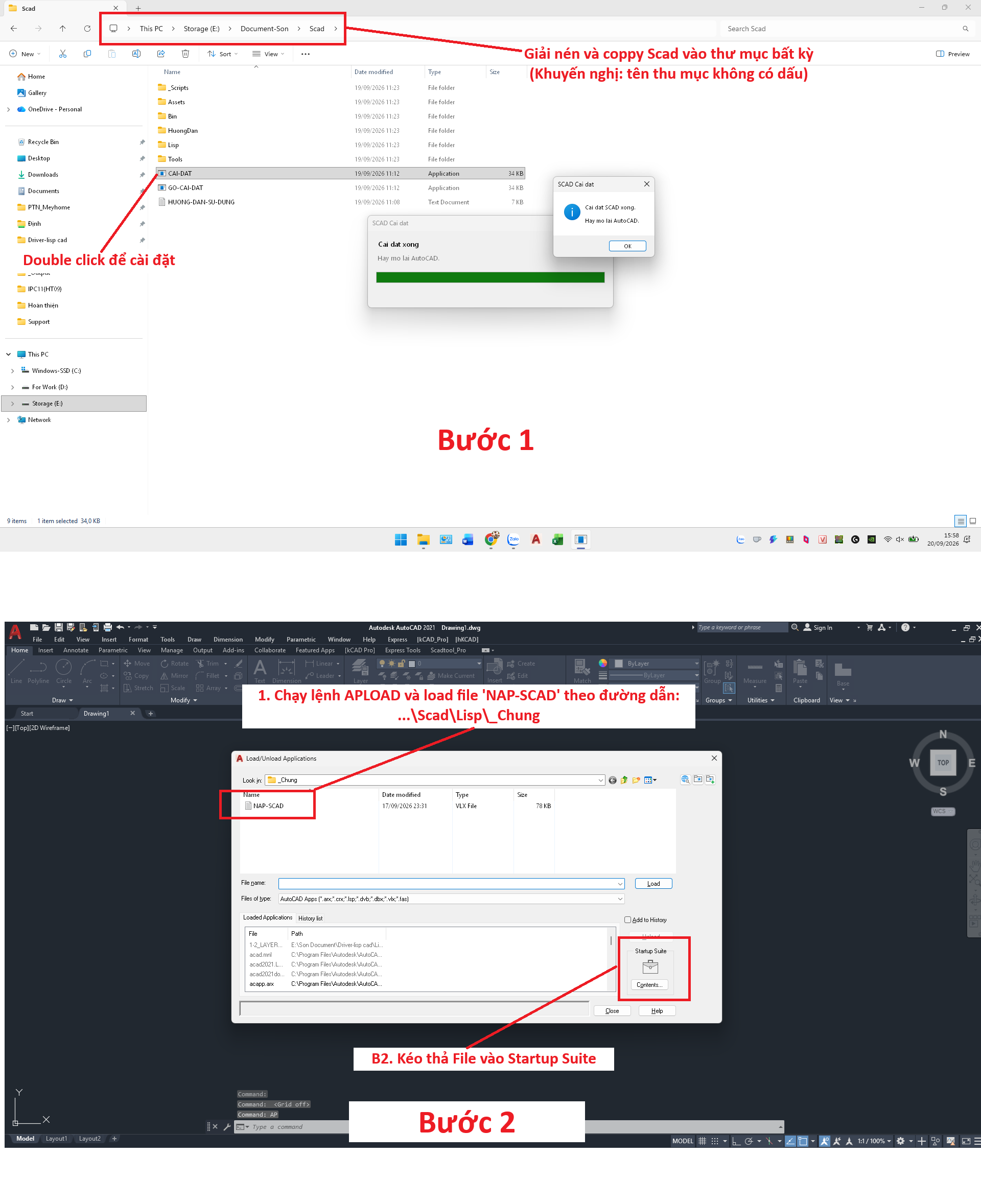 Bước 1: giải nén, chạy CAI-DAT.exe rồi nạp Lisp qua APPLOAD và Startup Suite